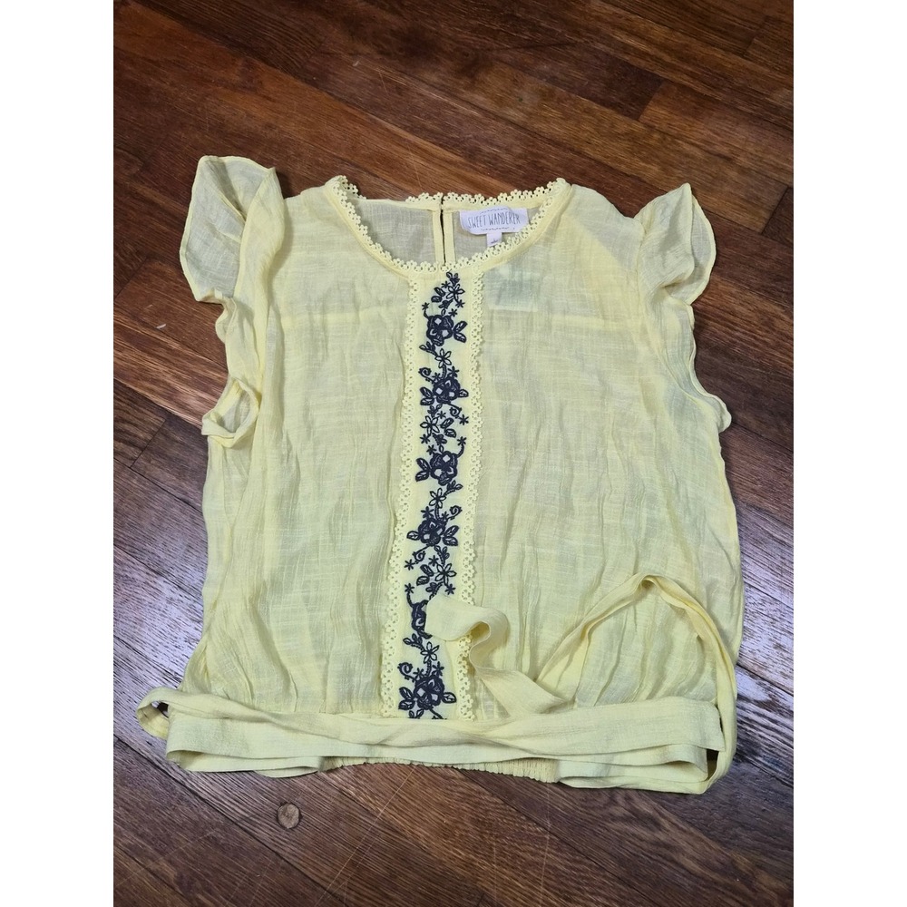 Sweet Wanderer Yellow Embroidered Flutter Sleeve Smocked Tie Waist Top Large